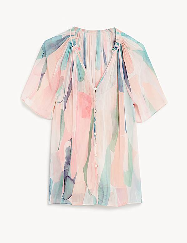 Blouse transparente &agrave; manches courtes et col V avec imprim&eacute; - CA