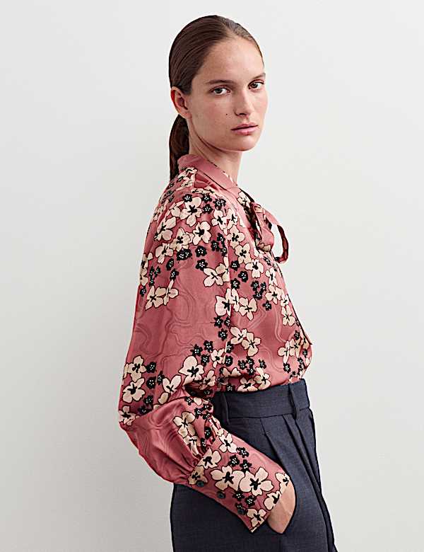 Floral Print Jacquard Collared Blouse - NL