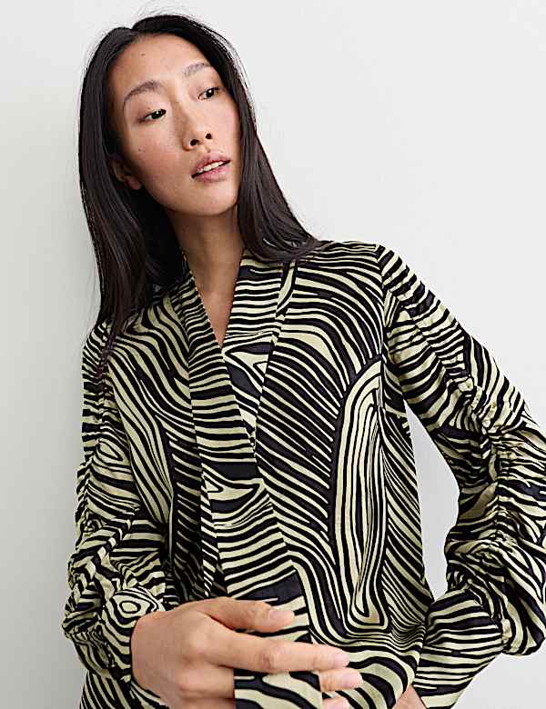 Jacquard Printed Tie Neck Blouse - CA