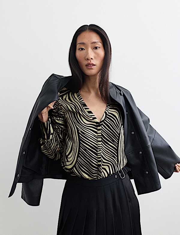 Jacquard Printed Tie Neck Blouse - CA