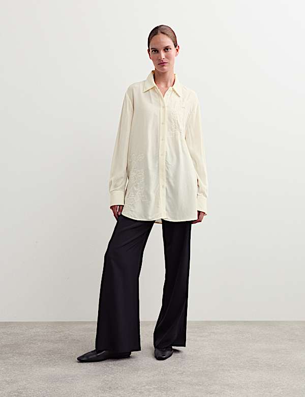 Chemise brodée à fermeture boutonnée, coupe longue et encolure - FR