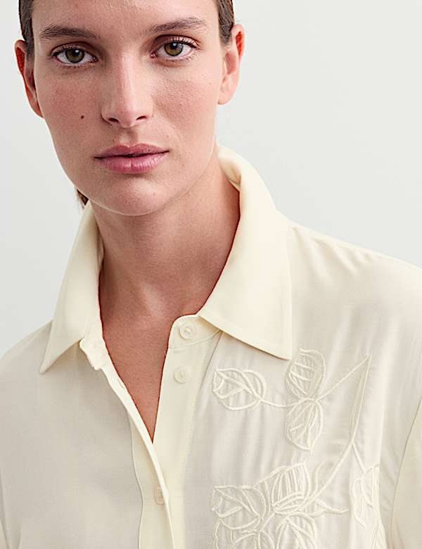 Longline Embroidered Collared Button Through Shirt - NL