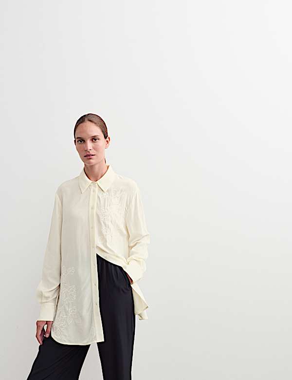 Longline Embroidered Collared Button Through Shirt - NL