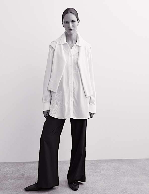 Longline Embroidered Collared Button Through Shirt - NL