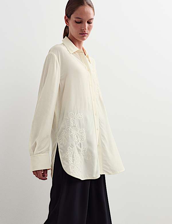 Longline Embroidered Collared Button Through Shirt - NL