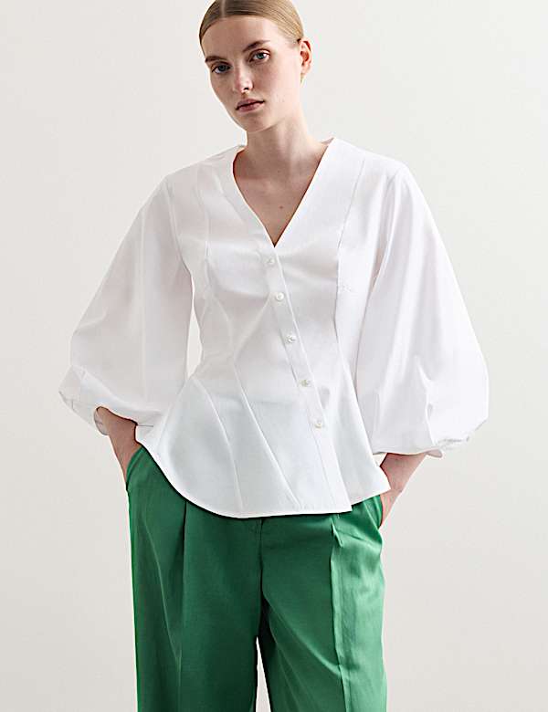 Zuiver katoenen blouse met knoopsluiting en V-hals - NL