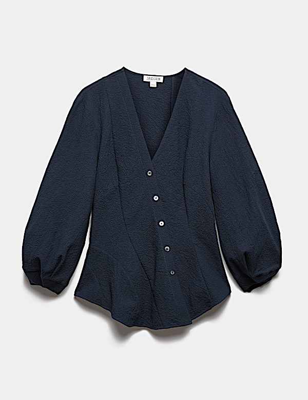 Cotton Rich Textured V-Neck Blouse - IT