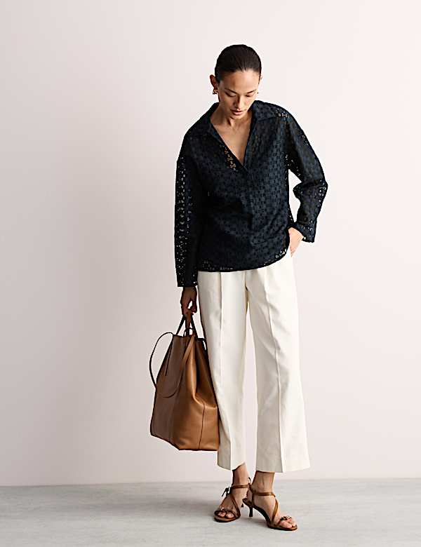 Top en coton mélangé à boutons-pression et dentelle géométrique - FR