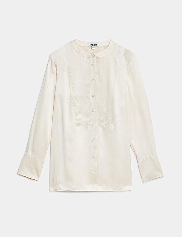 Kemeja Detail Penadah Liur Leher Bundar Bahan Sutra Murni - ID