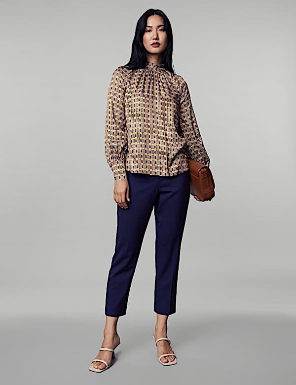 Geometric High Neck Blouson Sleeve Blouse - BE