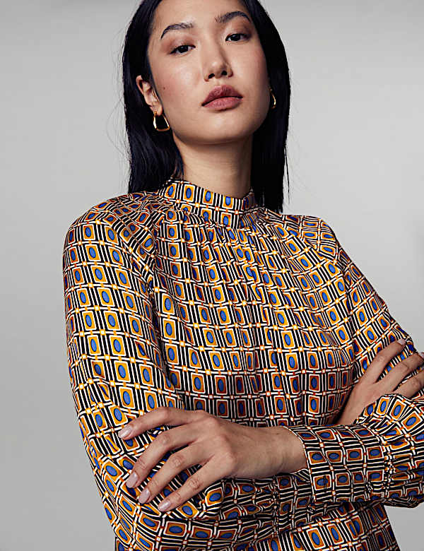 Geometric High Neck Blouson Sleeve Blouse - BE