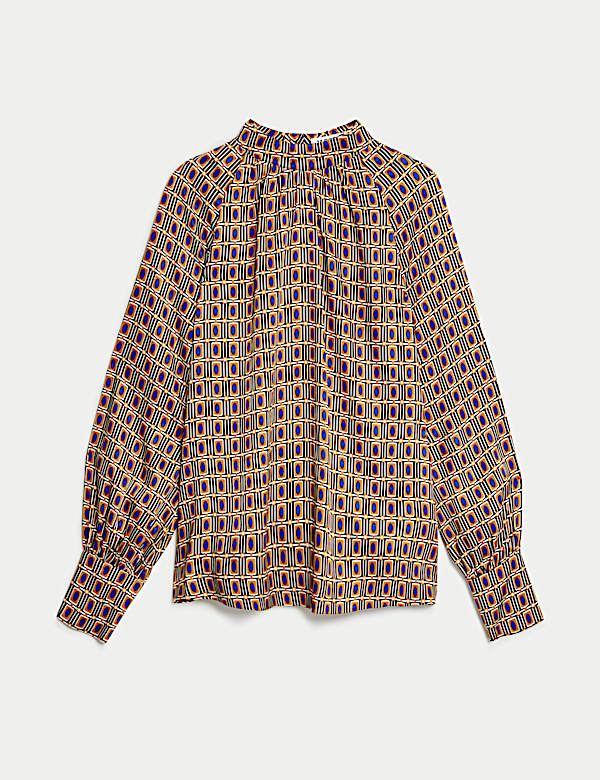 Geometric High Neck Blouson Sleeve Blouse - BE