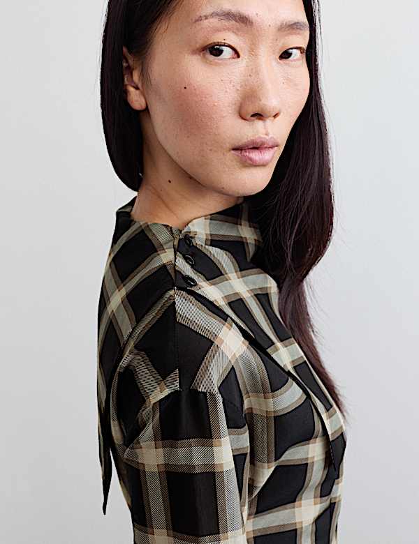 Cotton Rich Checked Cowl Neck Blouse with Silk - NZ