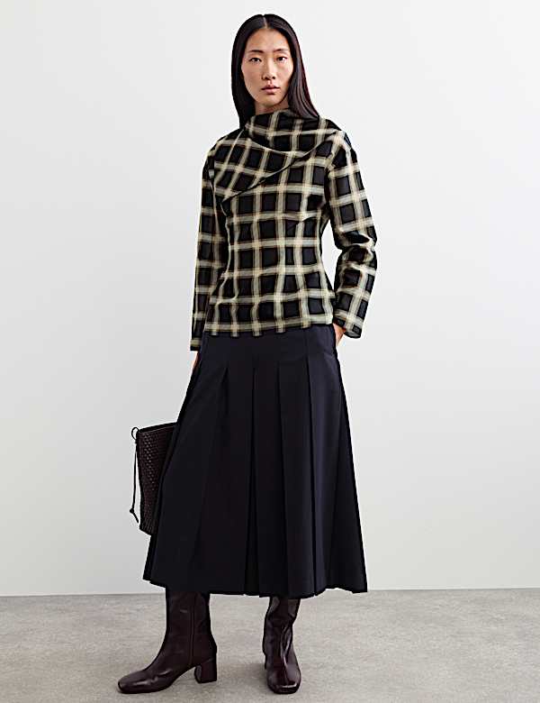 Cotton Rich Checked Cowl Neck Blouse with Silk - NZ