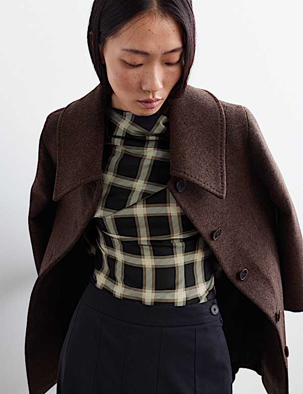 Cotton Rich Checked Cowl Neck Blouse with Silk - NZ