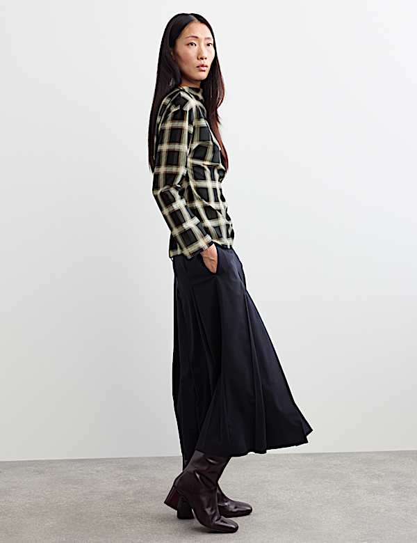 Cotton Rich Checked Cowl Neck Blouse with Silk - NZ