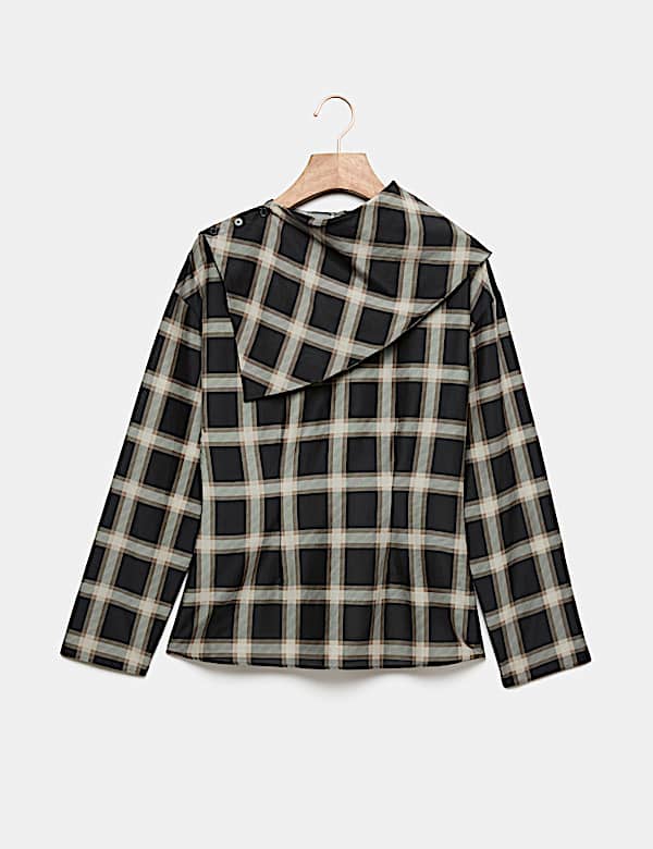 Cotton Rich Checked Cowl Neck Blouse with Silk - NZ