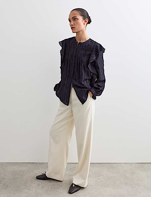 Textured Ruffle Button Through Blouse - ES