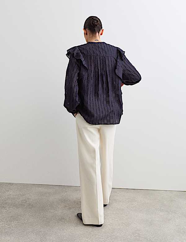 Textured Ruffle Button Through Blouse - ES