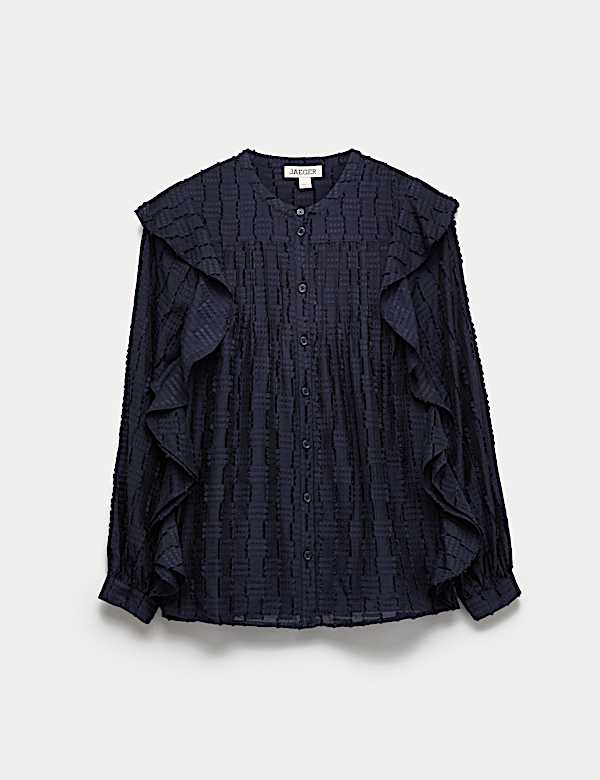Textured Ruffle Button Through Blouse - ES