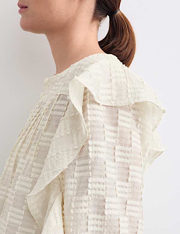 Textured Ruffle Button Through Blouse - ES
