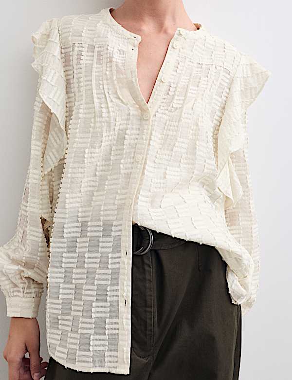 Textured Ruffle Button Through Blouse - ES