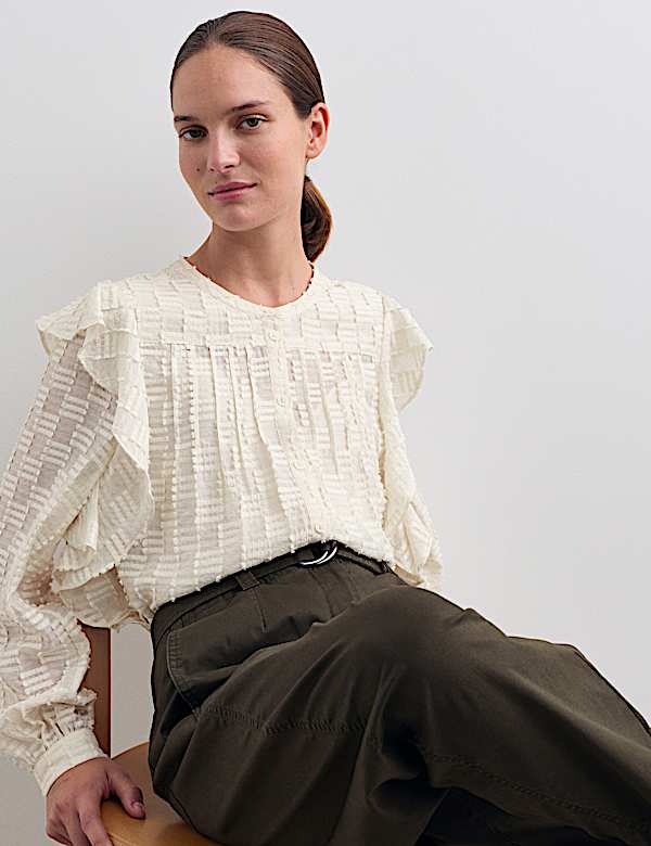 Textured Ruffle Button Through Blouse - ES