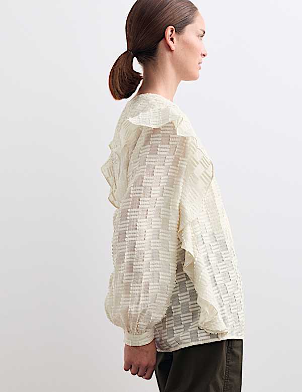 Textured Ruffle Button Through Blouse - ES