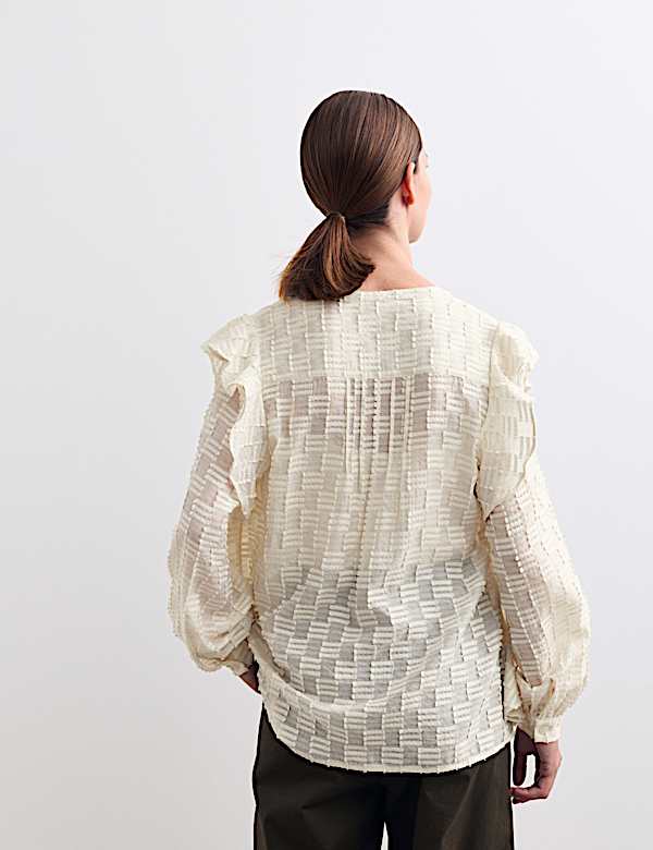 Textured Ruffle Button Through Blouse - ES