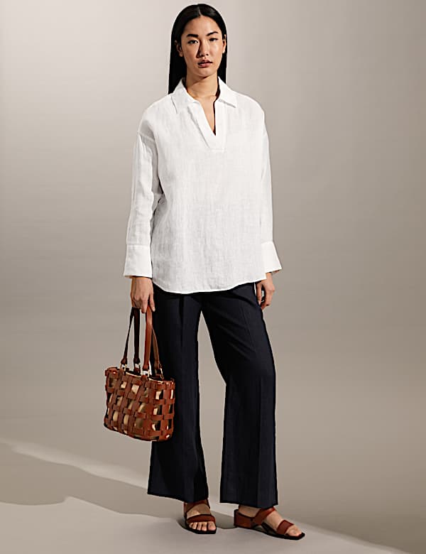 Pure Linen V-Neck Popover Blouse - CA