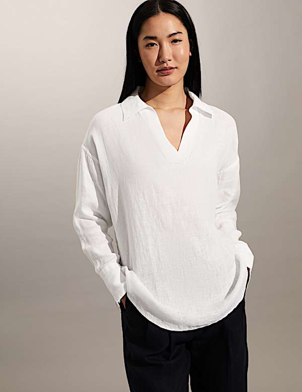 Pure Linen V-Neck Popover Blouse - CA