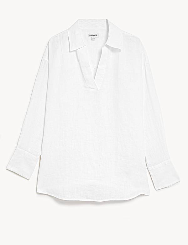 Pure Linen V-Neck Popover Blouse - CA