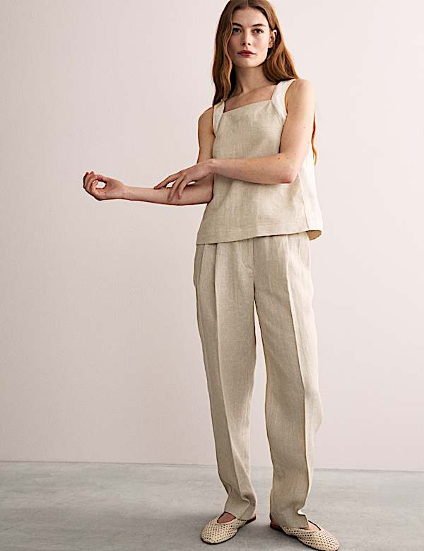 Pure Linen Contrast Trim Shell Top - GR