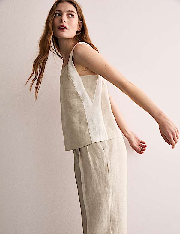 Pure Linen Contrast Trim Shell Top - GR