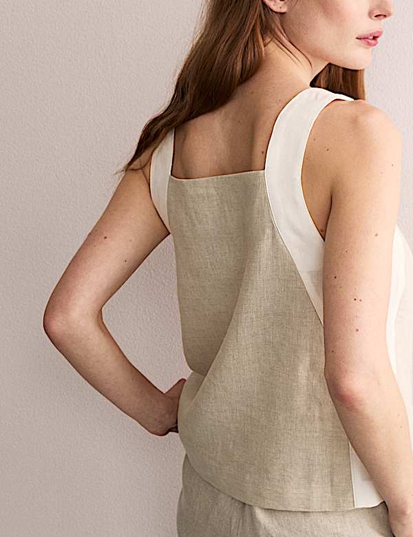 Pure Linen Contrast Trim Shell Top - GR