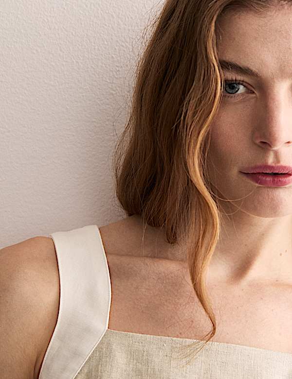 Pure Linen Contrast Trim Shell Top - GR