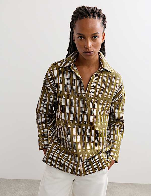 Pure Linen Dash Printed Popover Blouse - BE