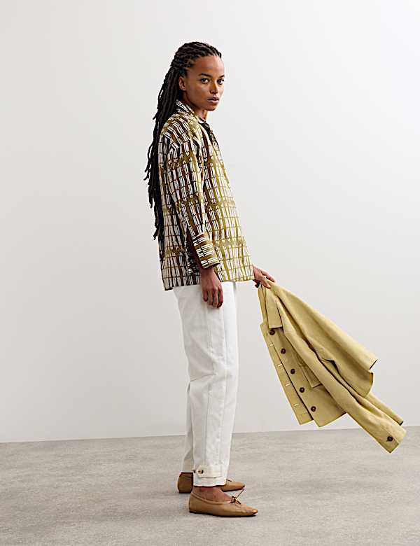 Pure Linen Dash Printed Popover Blouse - BE