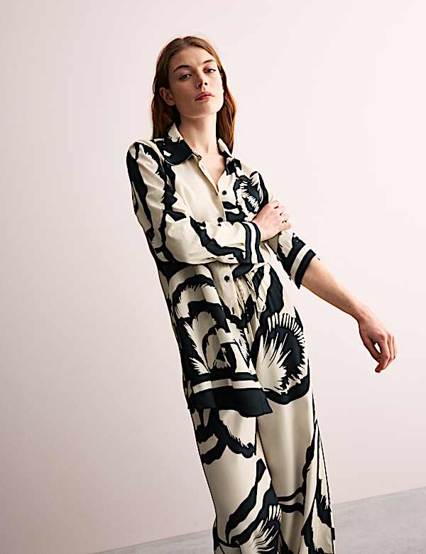 Monochrome Floral Collared Longline Shirt - BE