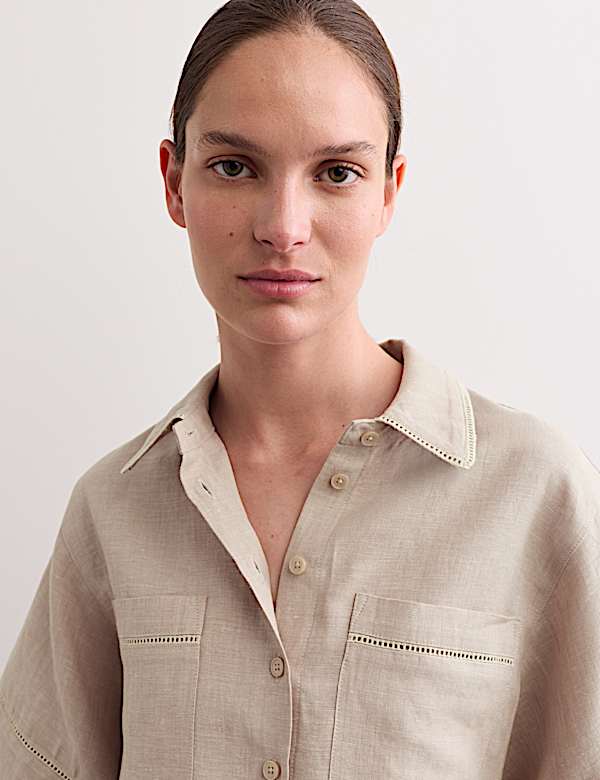 Overhemd van zuiver linnen met kraag en stiksels - NL