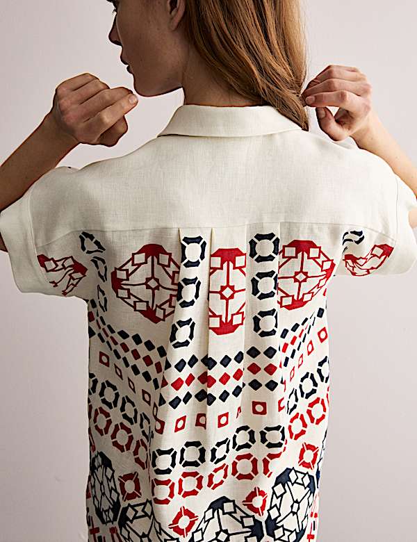 Pure Linen Printed Collared Cap Sleeve Top - AU