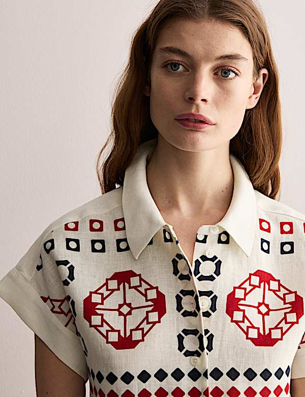 Pure Linen Printed Collared Cap Sleeve Top - AU