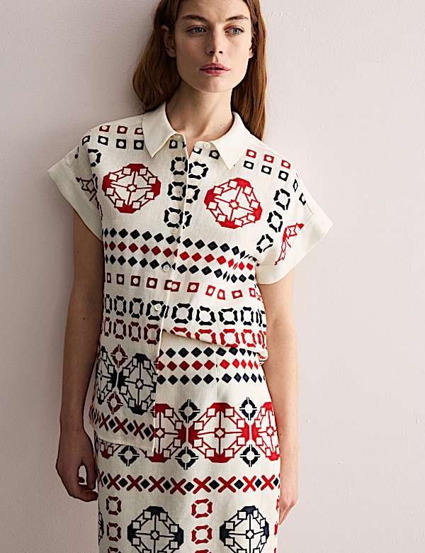 Pure Linen Printed Collared Cap Sleeve Top - AU