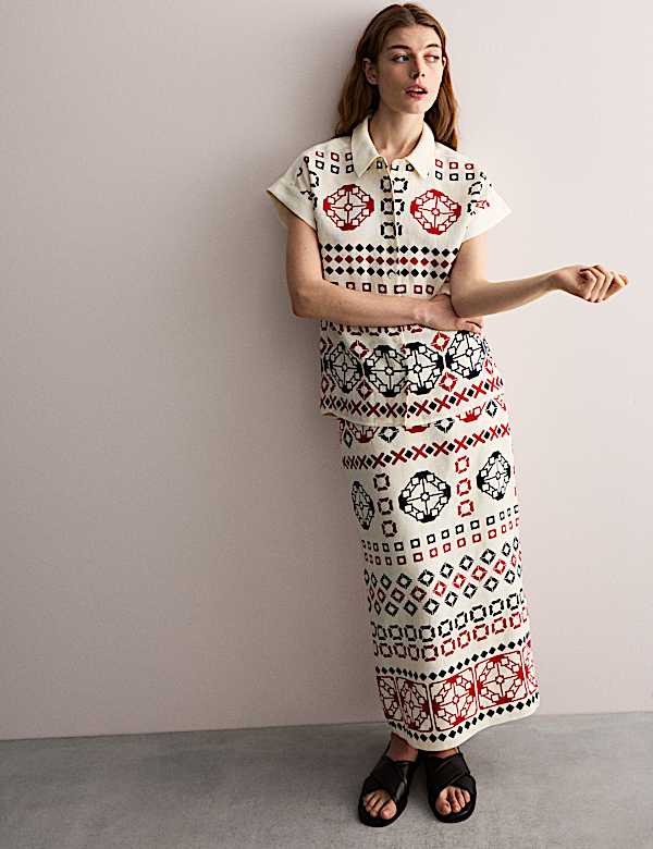 Pure Linen Printed Collared Cap Sleeve Top - AU