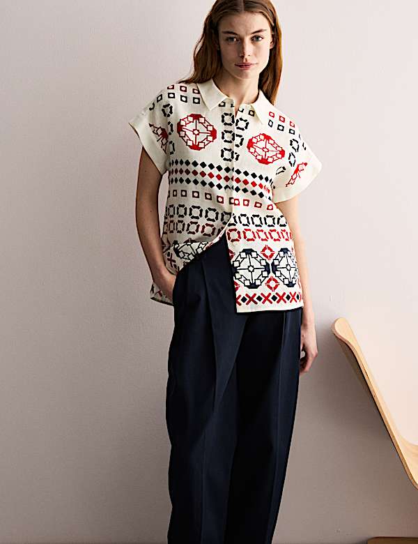 Pure Linen Printed Collared Cap Sleeve Top - AU