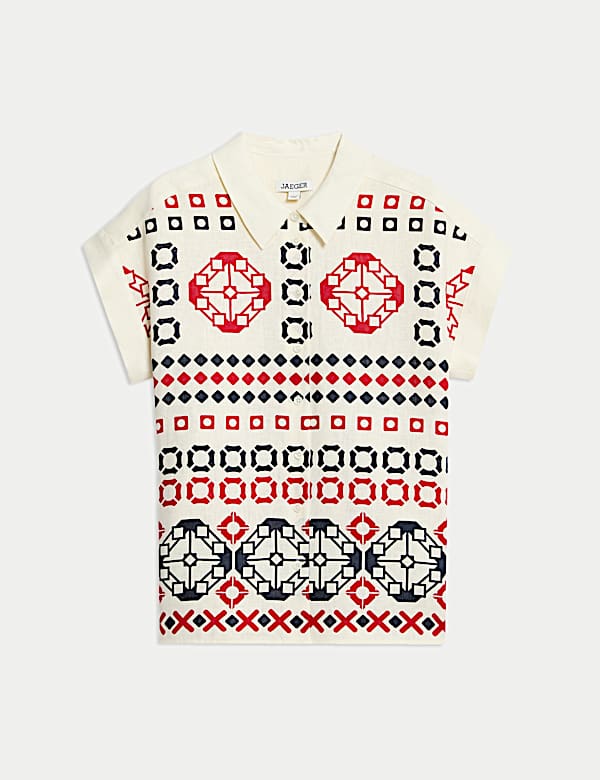 Pure Linen Printed Collared Cap Sleeve Top - AU