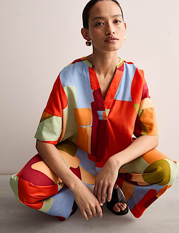 Top en lin imprimé à col en V - BE