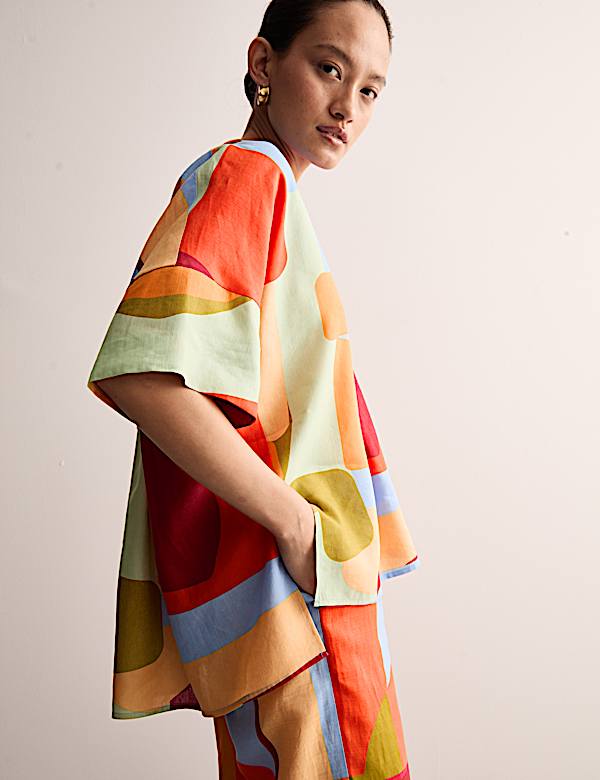 Top en lin imprimé à col en V - BE