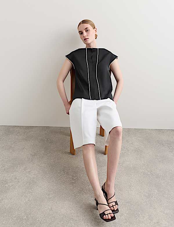 Satin Back Top Contrast Trim with Linen - AU