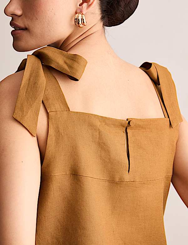Pure Linen Square Neck Tie Strap Top - BE